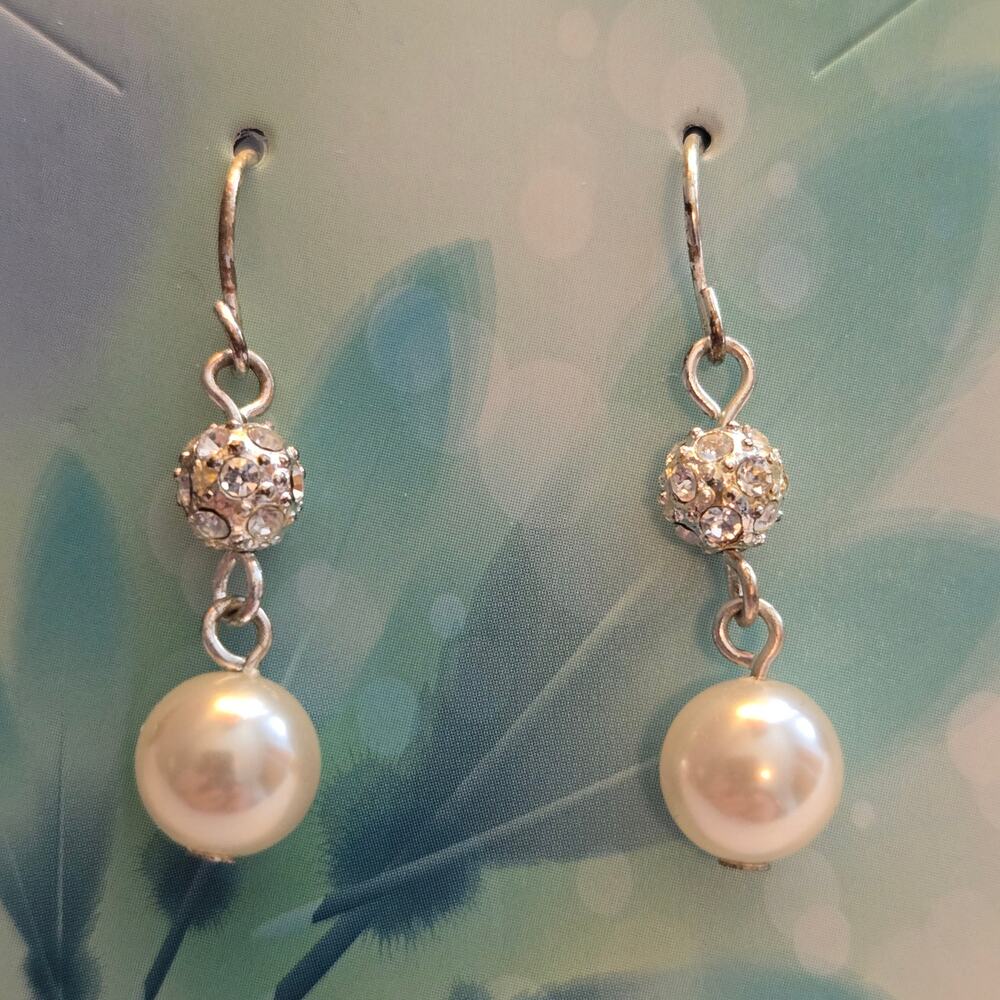 Vintage Wedding Pearl and Crystal Fireball Silver Tone Fish Hook Dangle Earrings